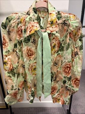 Alice + Olivia Mint Green Floral Tie-Neck Blouse